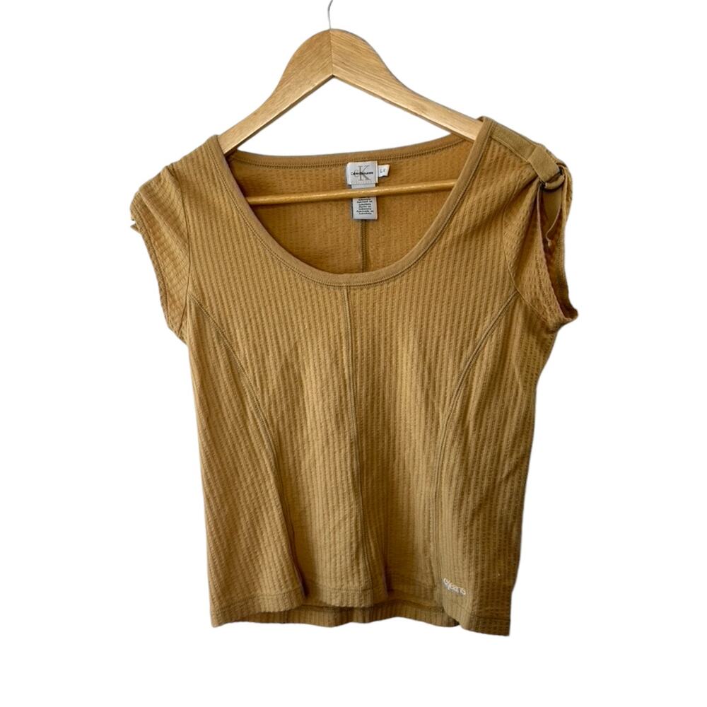 Calvin Klein Y2K Tan Cap Sleeve Ribbed Scoop Neck Top Sz Large Buckle Sleeves